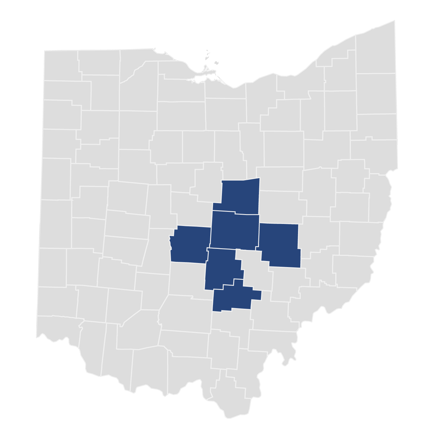 a map of Ohio with all the counties participating in blue